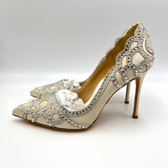 Badgley Mischka‎ Size 8 Rouge Ivory Satin Jeweled Pointed Toe Pumps Heels Shoes - Picture 6 of 14